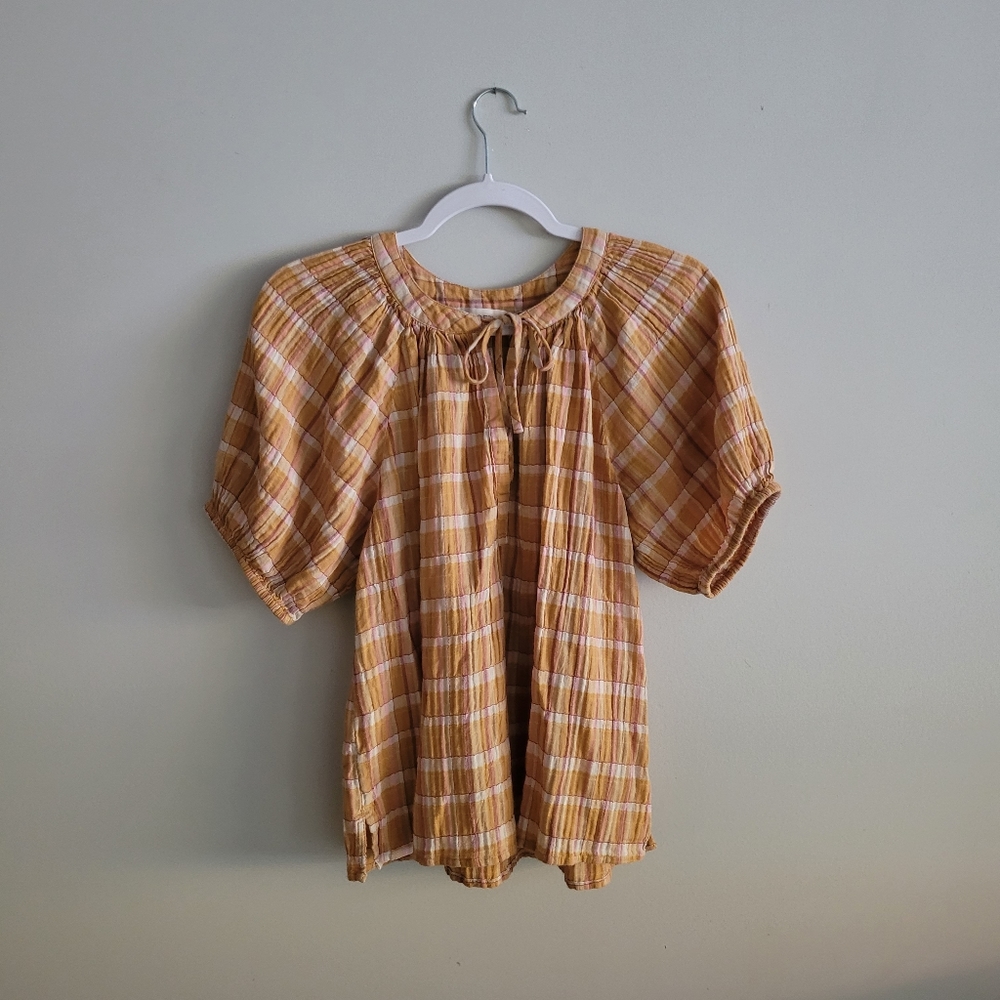 Loft Orange Plaid Puff Sleeve Top